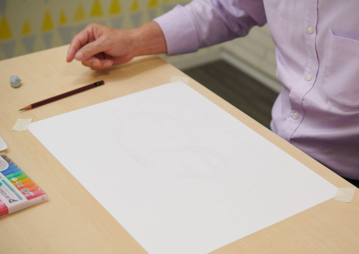 ケント紙に鉛筆で絵の枠と構図を描く